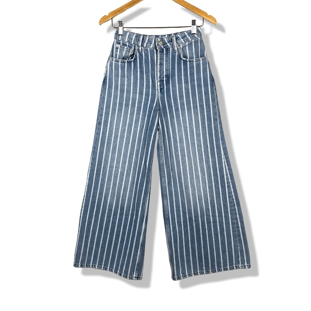 We The Free Wide Leg Jeans Womens 26 Blue Striped Boho Nautical Retro Indie